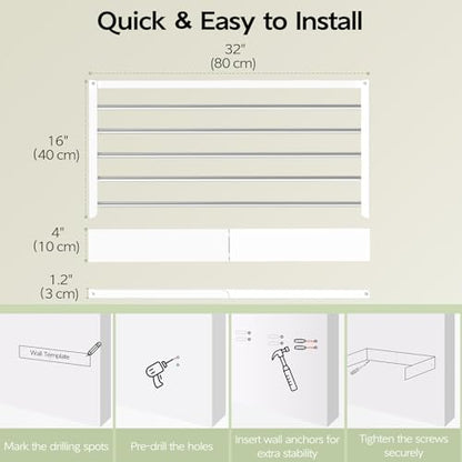 Vikaqi Wall Mounted Clothes Drying Rack 32", Foldable Wall Laundry Rack | Collapsible Drying Rack Clothing Folding Indoor, Hidden Space Saver with Wall Template, 5 Rods, White - color: White, size: 32" Wide
