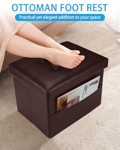 Ottoman with Storage,17 Inch Leather Folding Foot Rest Stool,Brown | Small Ottoman with Side Pockets, Thicker Foam Padded Seat, 17 * 13 * 13 Inch, Livingroom, Dorm, Bedroom, Entryway - color: Brown