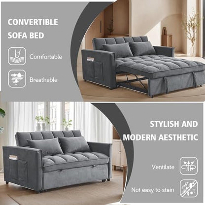 3 In 1 Velvet Convertible Sofa Bed, Pull Out Couch Bed with Reclining Backrest And 2 Pillows, 54" Full Size Loveseat Sleeper Sofa Futon Couch Beds, Couches For Small Spaces, Living Room (Medium Grey) - color: Medium Grey