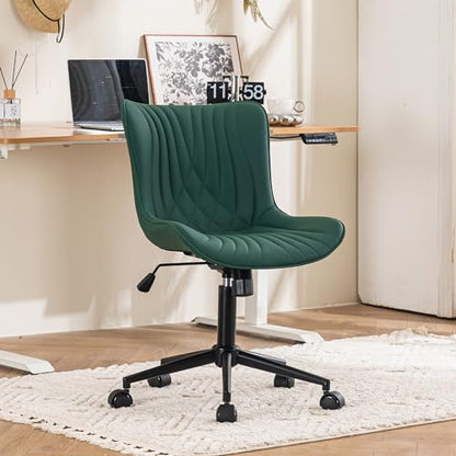 YOUTASTE Dark Green Armless Office Chair, Modern Adjustable Swivel Desk Chair with Wheels, Upholstered PU Leather, Black Metal Legs, Back Support for Home Office, Study, Vanity, Bedroom - color: Dark Green