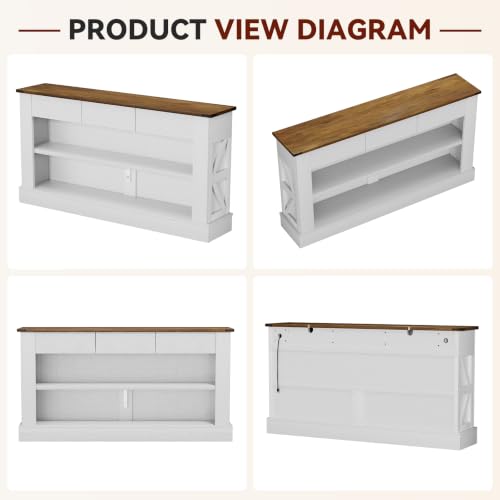 Miereirl 63" Console Table with Drawers & LED Light, Rustic Brown & White | Narrow Entryway Sofa Table, 3 Storage Drawers & Open Shelves, Behind Couch, Living Room Hallway Foyer - color: Rustic Brown&white