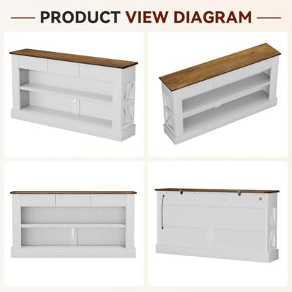 Miereirl 63" Console Table with Drawers & LED Light, Rustic Brown & White | Narrow Entryway Sofa Table, 3 Storage Drawers & Open Shelves, Behind Couch, Living Room Hallway Foyer - color: Rustic Brown&white