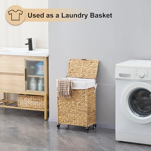 Rolling Laundry Hamper with Lid and Wheels, Slim Laundry Basket with Removable Liner Bag & 2 Mesh Bags, Handwoven Water Hyacinth Clothes Hamper for Bedroom Bathroom (Natural, 50L) - color: Natural/With Lid/50L