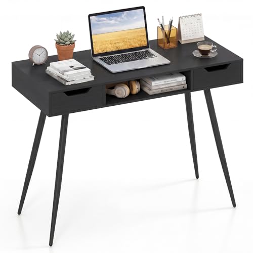 GIANTEX Mid Century Modern Computer Desk with Drawers, 42.5" Writing Desk with Open Storage Cubby, Vanity Table with Metal Leg, Compact Wooden Study Table for Small Spaces Home Office (Black) - color: Black