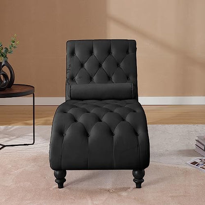 Button-Tufted Chaise Lounge Indoor, Velvet Chaise Lounge Chair with Legs & Toss Pillow, Armless Rolled Backrest Leisure Sofa Recliner for Living Room Bedroom (Black) - color: Black Velvet
