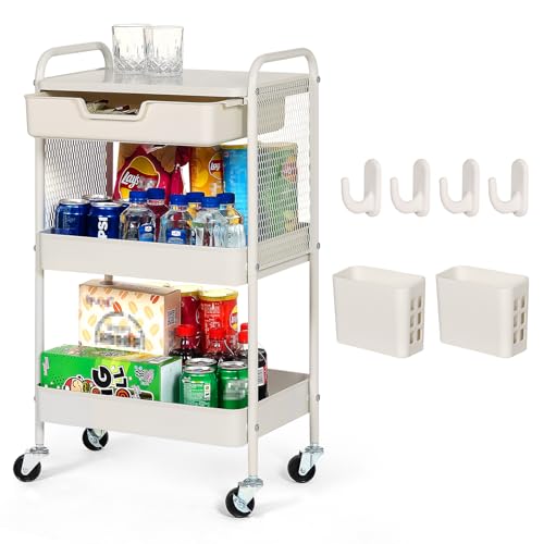 3-Tier Rolling Cart with Drawer, Metal Utility Storage Cart Organizer with Lockable Wheels&Hanging Cups&Hooks, Mobile Storage Craft Carts Trolley with Mesh Shelves for Kitchen, Office-White - color: White