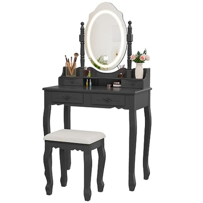 Vanity Desk with Mirror and Lights, Makeup Table with Cushioned Stool Set | Modern Vanity with 4 Drawers, 3 Color Lighting Modes with Adjustable Brightness, Dressing Table Set for Bedroom, Black Vanity - style: Black Vanity