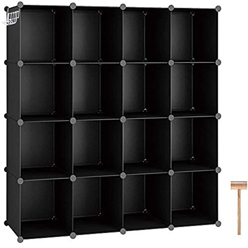 C&AHOME 16 Cube Storage Organizer Cube Shelves Units Storage Cubes, Black | Plastic DIY Closet Organizer, Stackble Modular Closet Storage Shelves Ideal for Home, Bedroom, 48.4" L × 12.4" W × 48.4" H - color: Black