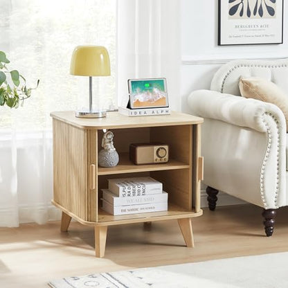 24" Large Square End Table with Charging Station, Farmhouse Fluted Sofa Side Table with Sliding Tambour Door & Storage, Curved Rustic Wood Nightstand for Living Room, Bedroom, Natural - color: Natural