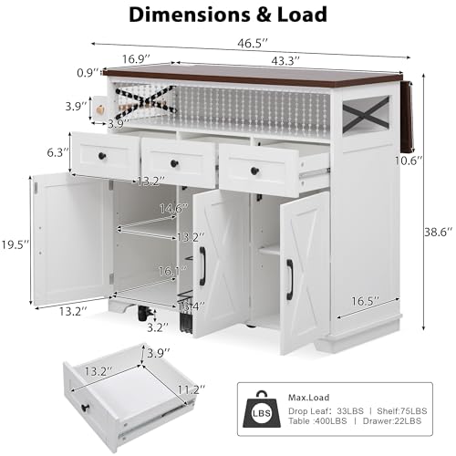 46.5'' Farmhouse Kitchen Island with Charging Station, Drop Leaf & Bead Drape - Mobile Rolling Cart, Ample Storage, Rustic Wood Grain Countertop for Compact Spaces (White+Brown) - color: White+brown)
