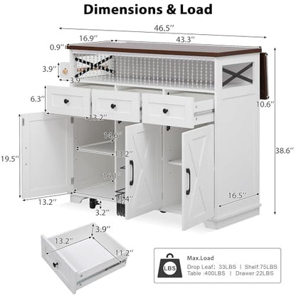46.5'' Farmhouse Kitchen Island with Charging Station, Drop Leaf & Bead Drape - Mobile Rolling Cart, Ample Storage, Rustic Wood Grain Countertop for Compact Spaces (White+Brown) - color: White+brown)