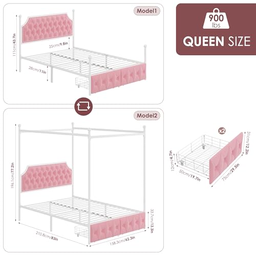 Queen Upholstered Canopy Bed Frame with 2 Storage Drawers & Button Tufted Headboard, Metal Platform Bed with 4 Removable Posts, Two-Purpose Velvet Bed, Pink/Curtain Not Included - color: Pink, size: Queen