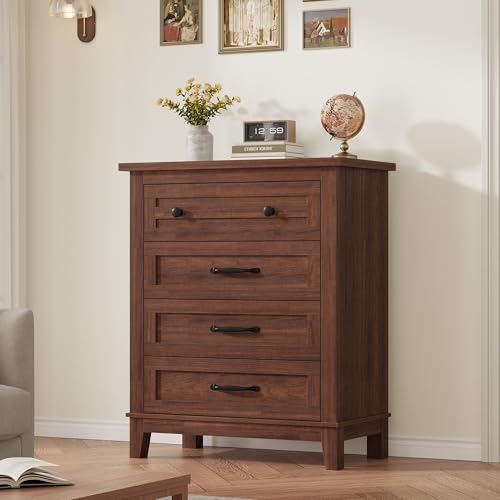 GarveeHome 4 Dresser for Bedroom, 34.8 in Tall Vertical Drawer Dresser with Large Storage, Freestanding Wooden Closet Chest for Bedroom, Living Room, Walunt - color: Walunt, size: 15.7"D x 29.1"W x 34.8"H (4 Drawers)