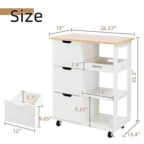 Shintenchi Kitchen Island Cart with Storage,Rolling Kitchen Island Storage Cabinet,Side Table on Wheels with Worktop,3 Open Shelves and 3 Drawers for Kitchen,Dinning Room, White - color: White-26inch