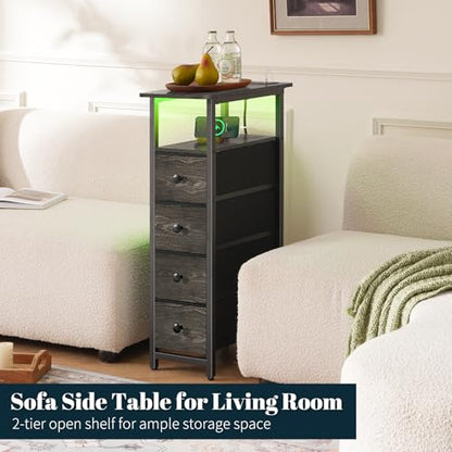 Yoobure LED Narrow Nightstand with Charging Station - Slim Dresser for Bedroom Narrow Side Table Storage Cabinet, Small Dressers Chest of Drawers, Tall Skinny Night Stand End Table for Small Spaces - color: Grey