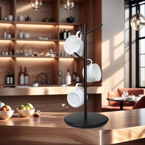360° Rotating Mug Tree, 6 Hooks Upgraded Stable Metal Mug Holder, Bamboo Base Coffee Mug Cup Rack for Counter Top, Mug Display, Home Storage and Cup Organizer, Black - size: 6 Hooks 360°