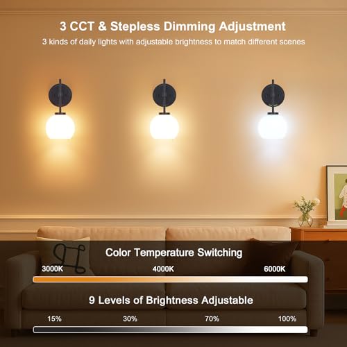 Black Wireless Rechargeable Wall Sconces with Remote Control, Battery Operated Wall Sconce Set of 2, LED Dimmable Wall Lights with Opal White Glass Shade, 12 Colors RGB & 3 CCT Bulb - color: Matte Black & Opal Glass, size: Battery 12 Inch