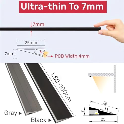 JARBIH Ultra-Thin Led Aluminum Channel, 45°Oblique Under Cabinet Beam Light | 5Pack 1M/3.3ft LED Profile System, Invisible H7mm Surface Mounted Wardrobe Layer Shelf Panel Hard Bar(Gray with Led Strip) - color: Gray with 5M LED Strip