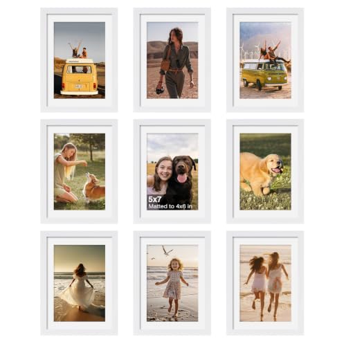 5x7 Picture Frame Set of 9, 7x5 Photo Frames with Plexiglass for 4x6 Pictures with Mat or 5x7 Without Mat, Art Collage for Wall Gallery and Tabletop Display, 5 x 7 Frame White - color: White, size: 5x7