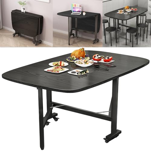 Multifunction Table Drop Leaf Dining Table - 47" Wooden Foldable Kitchen Table with 6 Wheels (Black) - color: Black