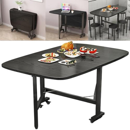 Multifunction Table Drop Leaf Dining Table - 47" Wooden Foldable Kitchen Table with 6 Wheels (Black) - color: Black