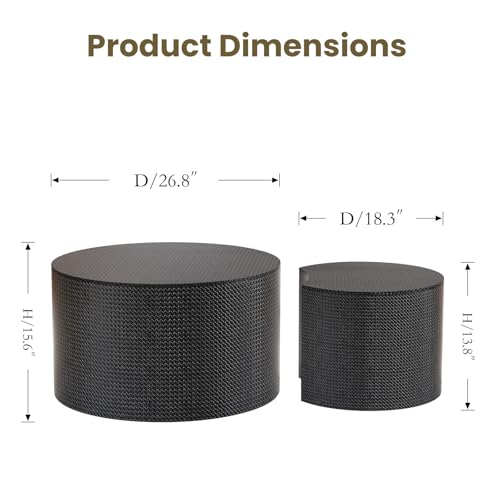 Nesting Coffee Table Set of 2, Round, Black | Hidden Storage, Leather Wrapped, Stackable End Tables, No Assembly Required, For Small Space Living Room Apartment - color: Black