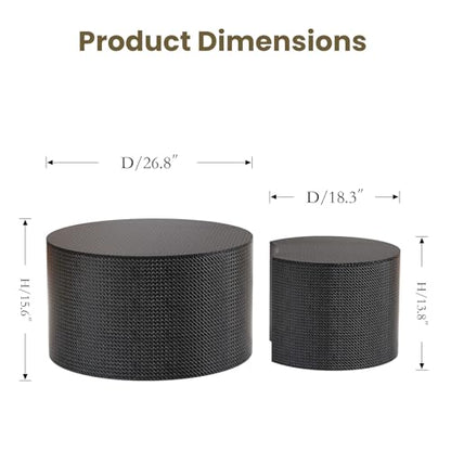 Nesting Coffee Table Set of 2, Round, Black | Hidden Storage, Leather Wrapped, Stackable End Tables, No Assembly Required, For Small Space Living Room Apartment - color: Black