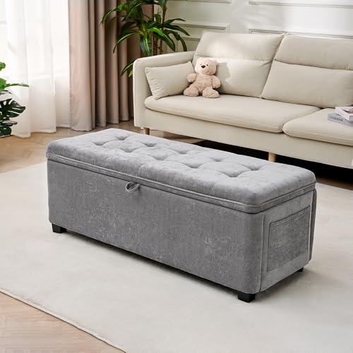 Gray Ottoman with Storage, 45 Inch End of Bed Bench with Pocket | 330 Lbs Capacity, Safety Hinge,Linen-Like Chenille Fabric, Hidden Storage Bench for Entryway, Living Room, Bedroom Footrest - color: Chenille-gray