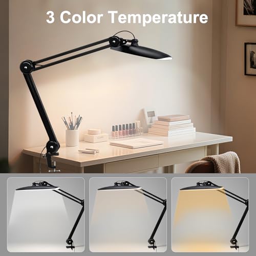 20" LED Desk Lamp with Clamp, 24W CCT Adjustable Dimmable Nail Light for Desk, 120 LEDs Metal Swivel Arm Daylight for for Nail Tech Task Home Office Reading Architect Craft, Black - color: Black