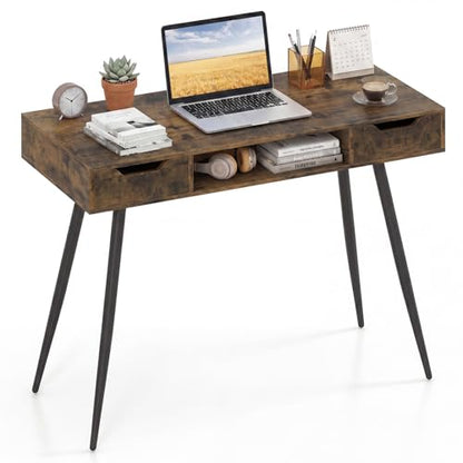 GIANTEX Mid Century Modern Computer Desk with Drawers, 42.5" Writing Desk with Open Storage Cubby, Vanity Table with Metal Leg, Compact Wooden Study Table for Small Spaces Home Office (Rustic Brown) - color: Rustic Brown