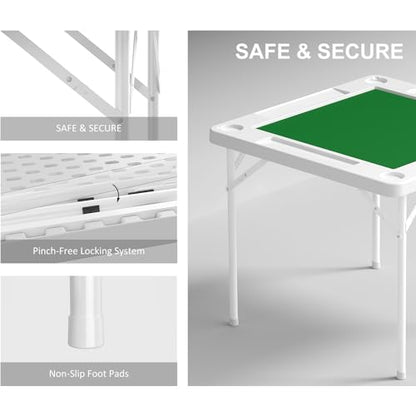 35.4" Square Folding Card Table, Mahjong Table with Green Felt，Chip Trays and Cup Holders, Portable Domino Tables for 4 Players, Card Game Tables for Mahjong Poker Domino Game - color: White