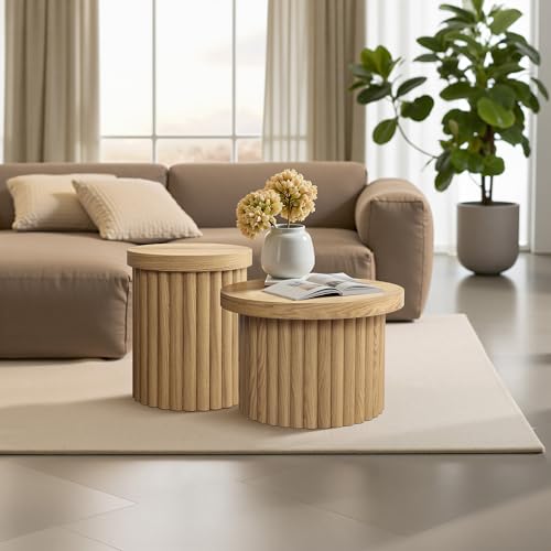 LuxenHome 23.5" Small Round Coffee Table, Wooden Fluted Oak Accent Table, Modern Side Tables for Living Room - color: C Brown