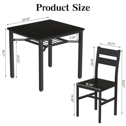 Hooseng 3 Piece Dining Table Set for 2, Small Wooden Kitchen Table with Storage, Farmhouse Square Dinette Set for Dining Room, Breakfast Nook, Apartment, Small Space - color: Black