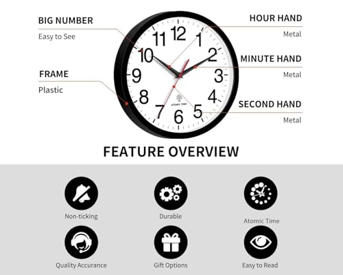 Wall Clock Analog 10 Inch Atomic Battery Operated Silent Clock | Black, Easy To Read, Non Ticking, Round, Accurate, Kitchen, Living Room, Classroom, Office, School - color: Atomic_black, size: 10 Inch