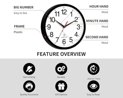 Wall Clock Analog 10 Inch Atomic Battery Operated Silent Clock | Black, Easy To Read, Non Ticking, Round, Accurate, Kitchen, Living Room, Classroom, Office, School - color: Atomic_black, size: 10 Inch