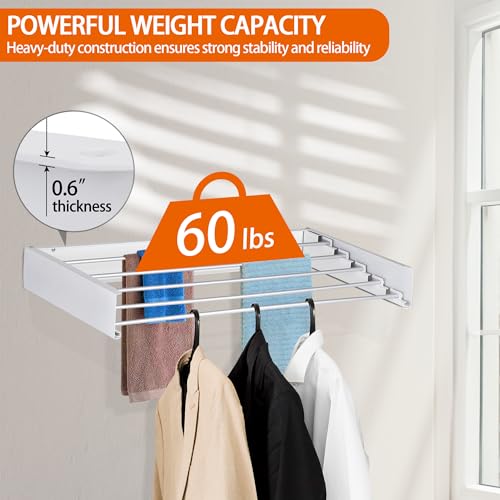 Laundry Drying Rack Wall Mounted Clothes Drying Rack Collapsible with 5 Aluminum Rods and Drilling Template Long Screwdriver Bit 60 lbs Capacity (White, 31.5") - color: White, size: 31.5"