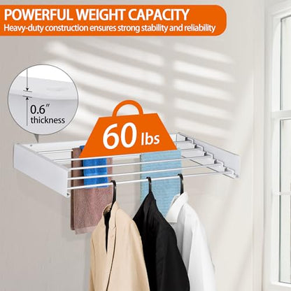 Laundry Drying Rack Wall Mounted Clothes Drying Rack Collapsible with 5 Aluminum Rods and Drilling Template Long Screwdriver Bit 60 lbs Capacity (White, 31.5") - color: White, size: 31.5"