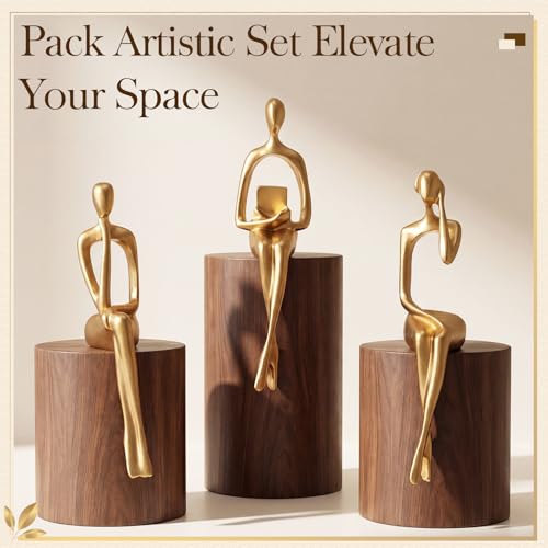 3 Pcs Small Thinker Statue Decor, Modern Abstract Sitting Sculptures for Home Decor, Resin Figurines Bookshelf Decoration Accents, Elegant Desk Cabinet Ornaments for Living Room, Office(Gold) - color: Gold