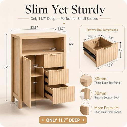 VINGLI Bathroom Storage Cabinet with 3 Drawers & Door, Slim Freestanding Floor Cabinet Organizer for Small Spaces, 30mm Thick-Look Top & Legs, Adjustable Shelf, Modern Fluted Cabinet, Natural Oak - color: Natural Oak, size: 23.3"W Small Floor Cabinet