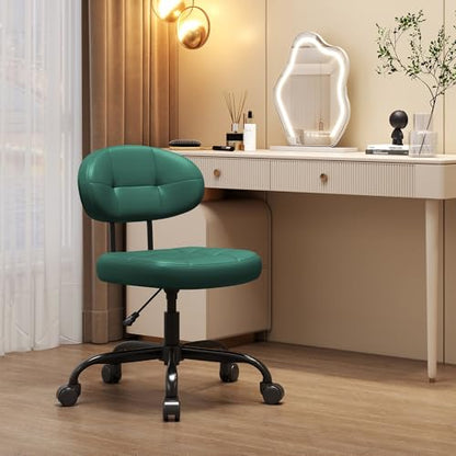 Misolant Vanity Chair with back, Small Armless Cute office Chair with wheels and Lumbar support, Comfy PU Leather Desk Computer Chairs with Adjustable Height, 360°Swivel for Home Bedroom Office, Green - color: Green