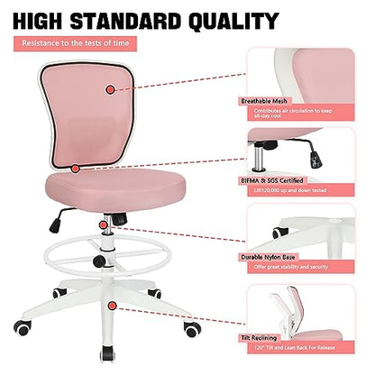 Drafting Chair Adjustable Height Tall Office Chairs Standing Desk Chair Rolling Stool Chair Armless Office Drafting Chair Pink - color: Pink
