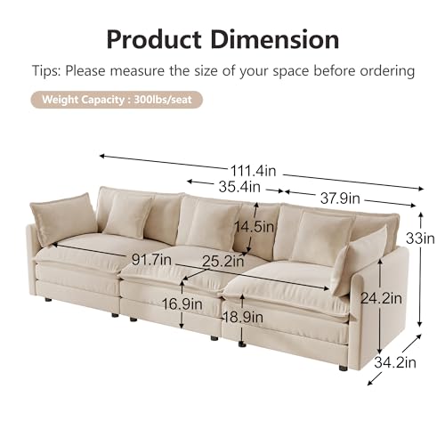 Aoowow Modular Sectional Sofa,112.2 Inch Deep 3-Seater Sofas Comfy Chenille Cloud Sofas and Couches with Pillows for Living Room Apartment（Light Coffee） - color: Light Coffee, size: 3 Seat