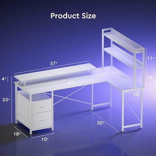 L Shaped Gaming Desk, Reversible with LED Lights, Shelves, White | Reversible, LED lights, Charging, Monitor stand - color: White