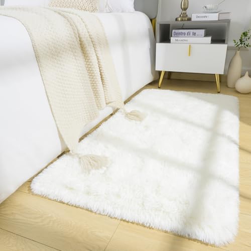 BENRON Fluffy Runner Rug 2x4, Soft Runners for Bedroom Hallyway Cream White | Modern Washable long Rugs for Entryway Kitchen Dorm, Throw Area Rug for Kids Girls Room Decor, Non Slip Indoor Plush rug - color: Cream White, size: 2' x 4' (Runner)