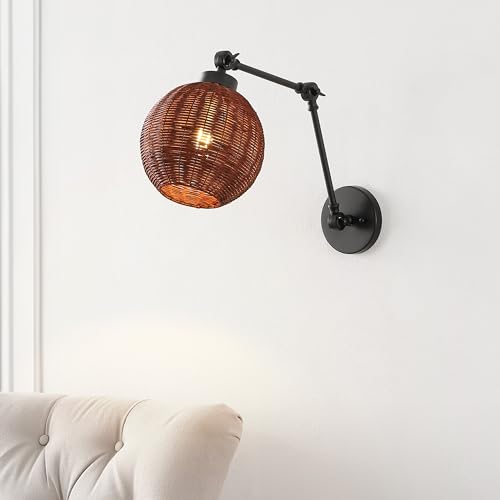 JONATHAN Y Lyla 8.38" 1-Light Swing Arm Sconce Rattan, Black/Dark Brown | Mid-Century Vintage Bohemian Globe Shade, Reading Light, Metal Construction, Hardwired, LED Bulb Included