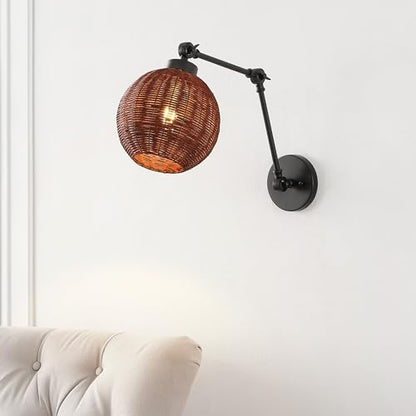 JONATHAN Y Lyla 8.38" 1-Light Swing Arm Sconce Rattan, Black/Dark Brown | Mid-Century Vintage Bohemian Globe Shade, Reading Light, Metal Construction, Hardwired, LED Bulb Included