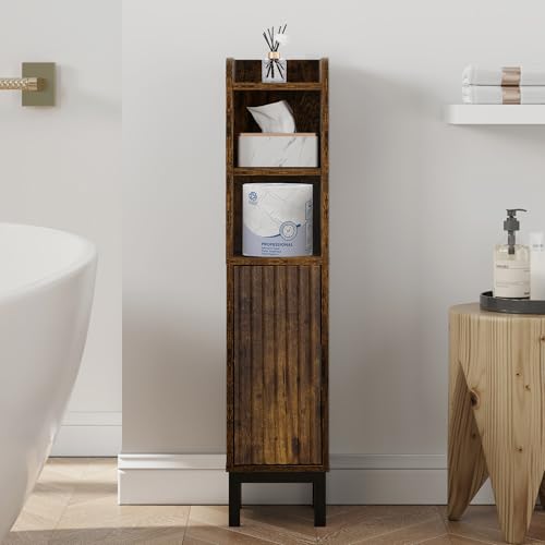 FerniTry Small Bathroom Storage Cabinet, Corner Floor Narrow Toilet Paper Cabinet with Door and Shelves,Bathroom Organizer with Adjustable Shelf, for Small Spaces (Rustic Brown) - color: Rustic Brown, size: 4-Tier