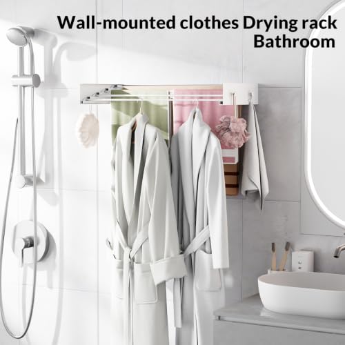 Foldable Wall Mounted Drying Rack, 23.6"Long, Weight Capacity is 60 Lbs | Waterproof and Moisture-Resistant, 4 Towel Hooks and 4 Drying Rods, Space Saving for Bathroom, Balcony, Hallway and Garage