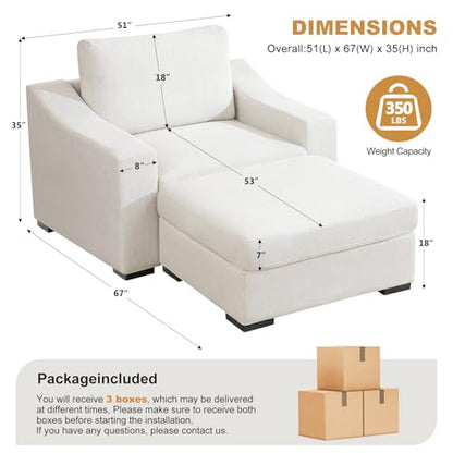 47" Oversized Single Sofa with Ottoman, Upholstered Chaise Lounge Comfy Sleeper Chair with Soild Wood Frame, Deep Seat Sofa Couch for Living Room Bedroom Apartment, Linen, White - color: White, size: 51 Inch - Single Sofa + Ottoman