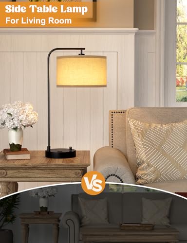 20.7" Tall Table Lamp with USB & Outlet, Fully Dimmable Nightstand Lamp | Linen Lampshade, USB Port and Outlet, Black Desk Lamp for Bedside, Living Room, Guest Room, Home Office, LED Bulb Included - color: A-Beige Shade & Black Base